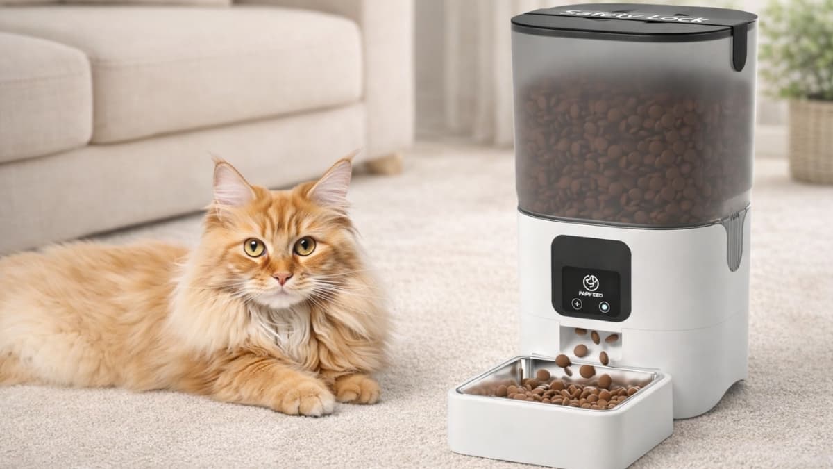 Orange long-haired cat resting on carpet next to a PAPIFEED Smart Automatic Cat Feeder dispensing dry food into a stainless steel bowl in a modern living room.