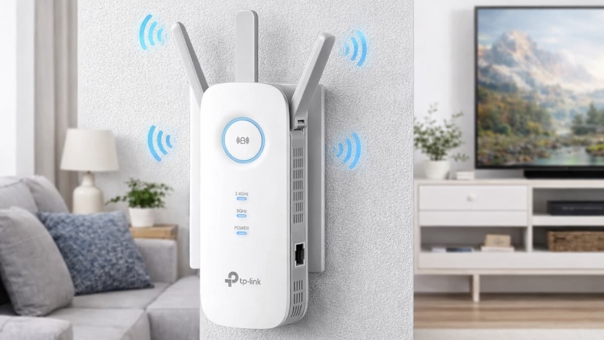 TP-Link AC1900 WiFi Range Extender RE550 plugged into a wall outlet, showing three external antennas and signal indicators, boosting wireless coverage in a modern living room with a TV and sofa in the background.