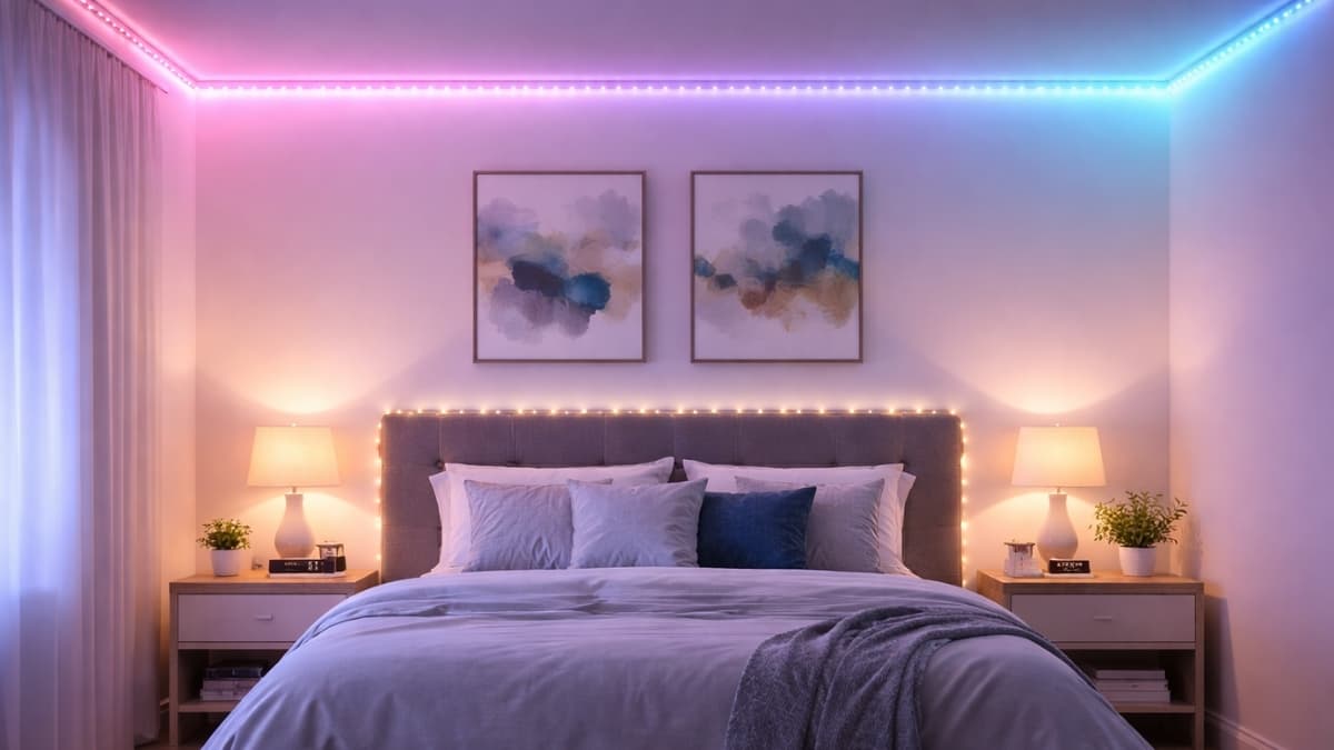 TJOY LED Lights for Bedroom installed along the ceiling and headboard, creating a soft pink and blue ambient glow in a modern bedroom with neutral decor and bedside lamps.