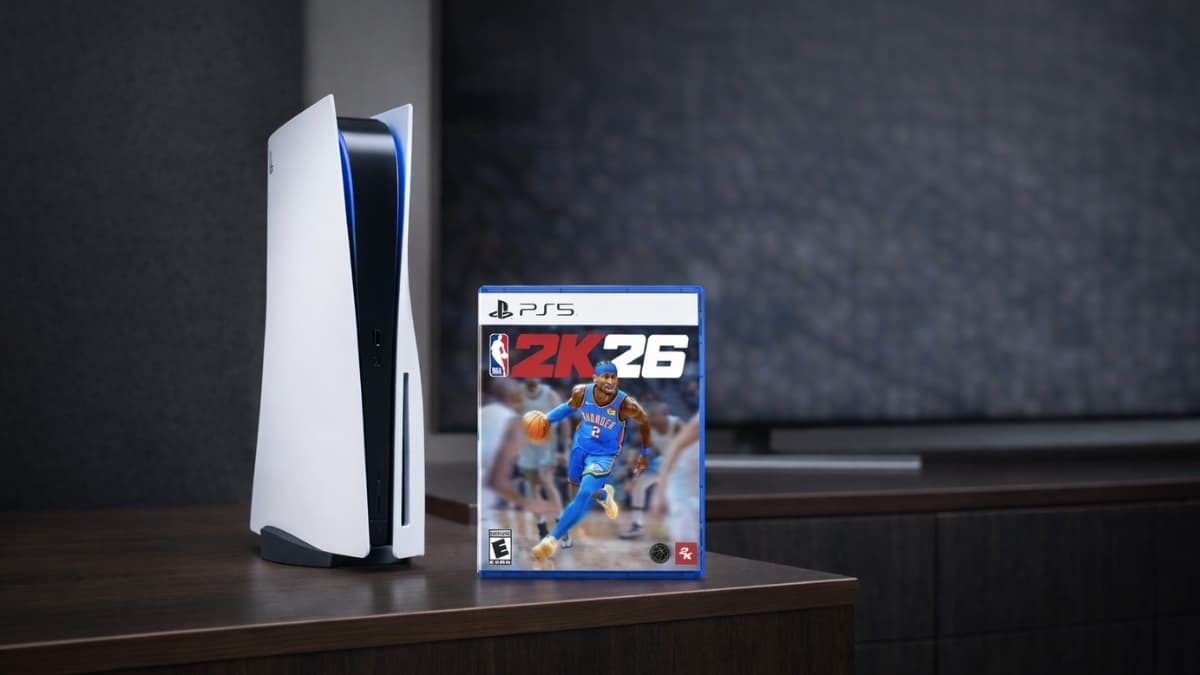 PlayStation 5 console displayed next to NBA 2K26 PlayStation 5 game case on a wooden table, showcasing the PS5 edition of the basketball video game.
