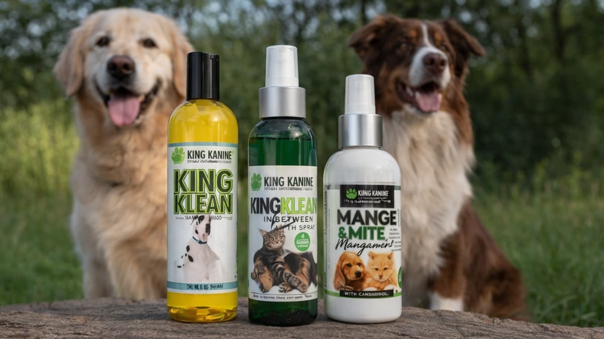 King Kanine supplements for dogs including King Klean shampoo, spray, and mange treatment with dogs