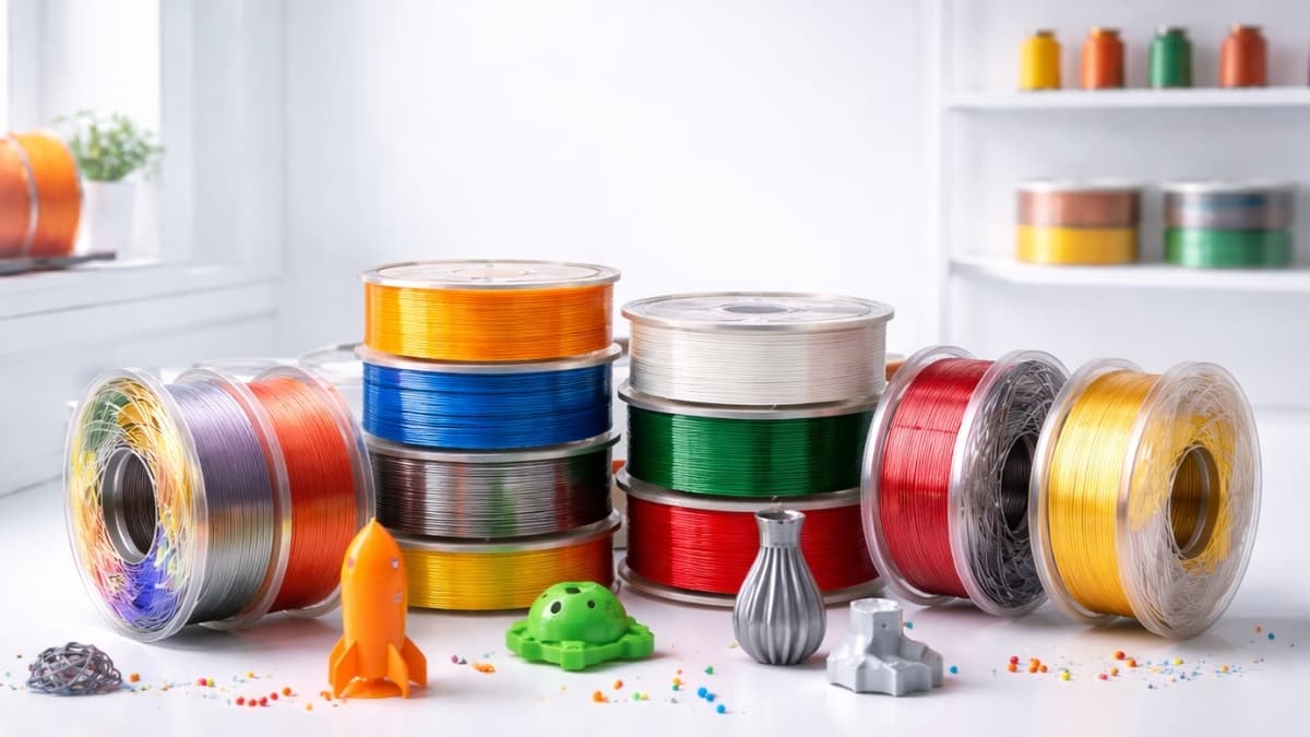 Colorful Bambu Lab 3D printer filament spools with sample PLA, PETG, and carbon fiber prints on a clean studio table