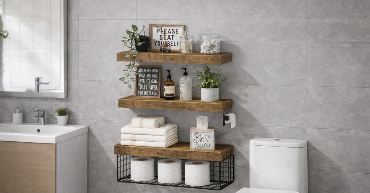 QEEIG Bathroom Shelves installed above toilet with rustic wood floating storage and towels