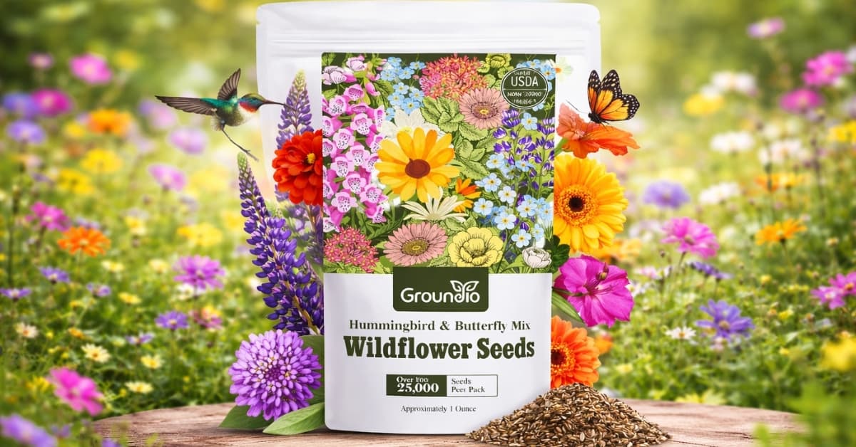 Groundio Wildflower Seeds Hummingbird and Butterfly Mix package with colorful blooms and pollinators