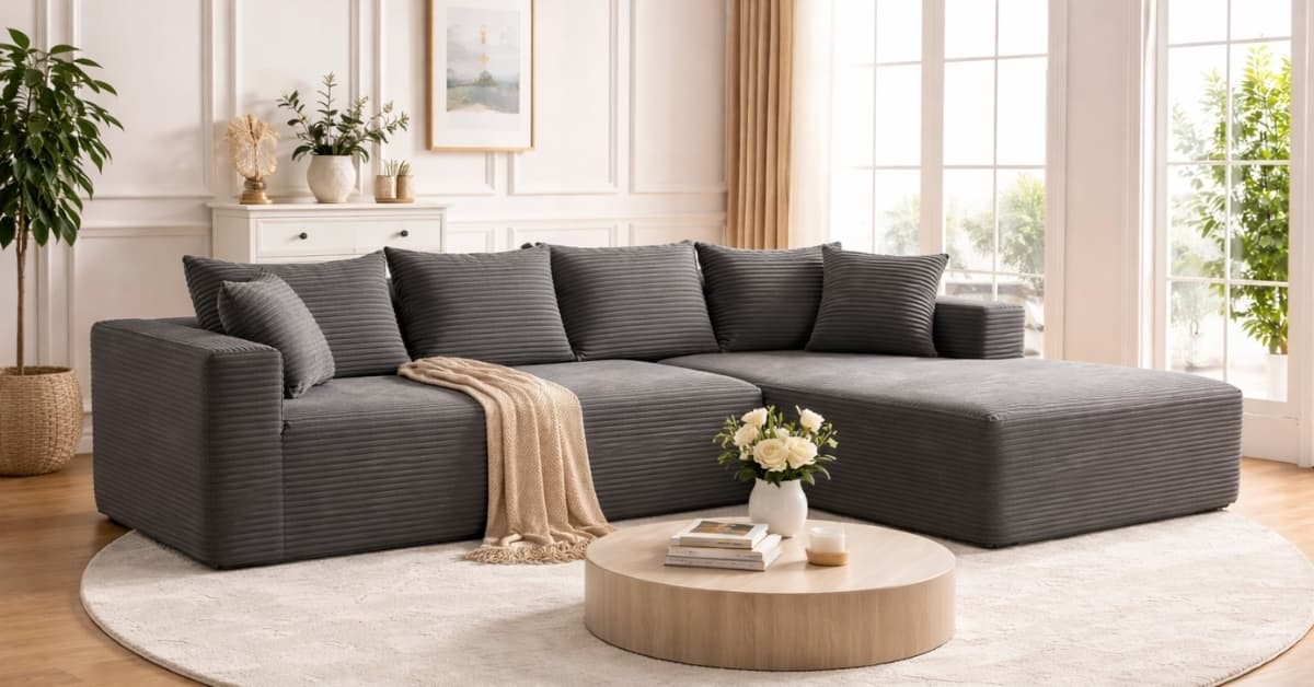 Mangodan 110" Cloud Sectional Couch in gray corduroy fabric with deep seats and chaise, styled in a modern living room with neutral décor and natural light