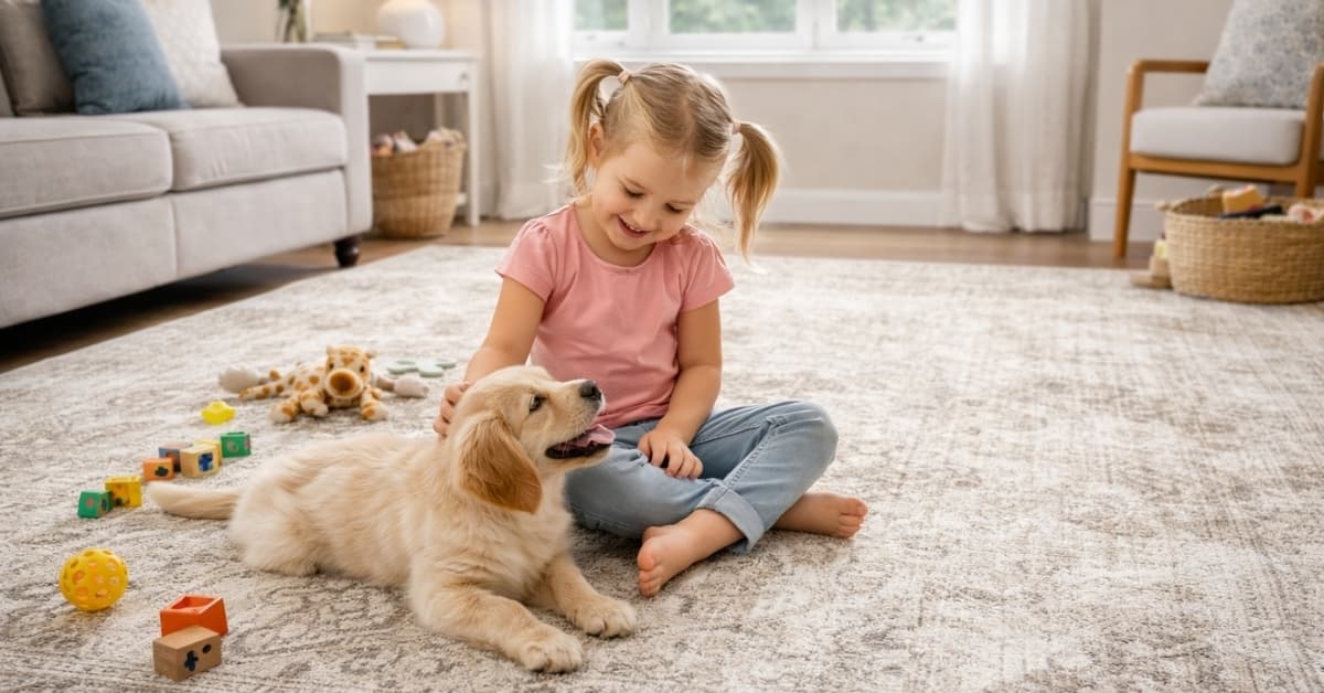 Child playing with puppy on a Soalmost washable area rug in living room