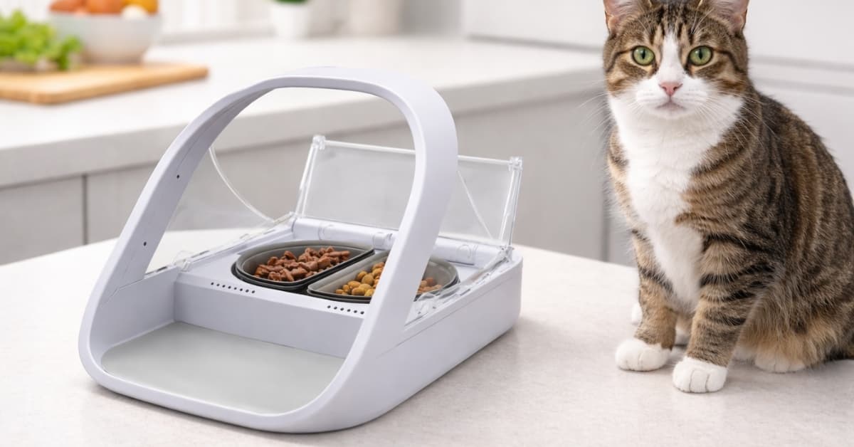 Tabby cat sitting beside modern automatic pet feeder with dual food bowls on kitchen counter