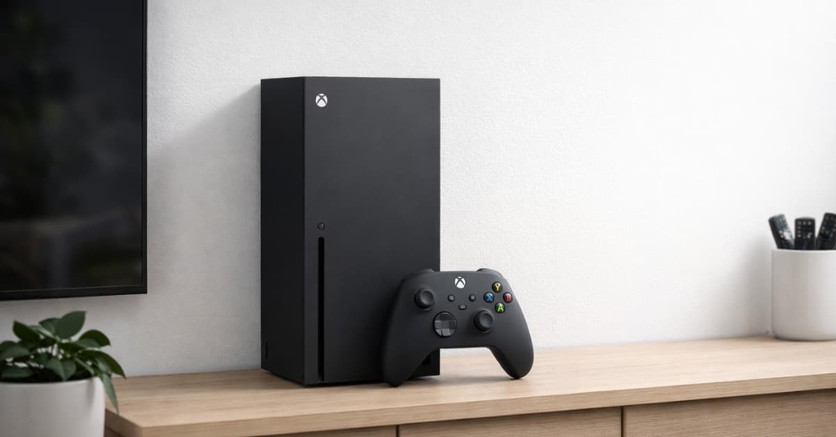 Xbox Series X console with wireless controller on modern TV stand