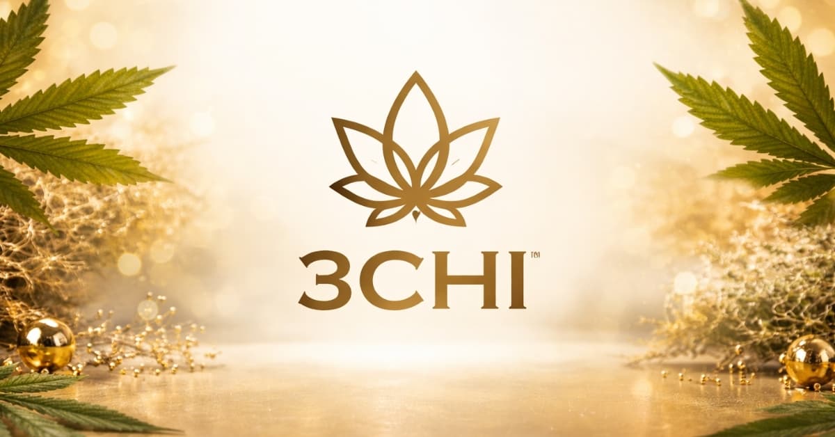 3CHI cannabis brand logo with gold hemp leaves on elegant background”