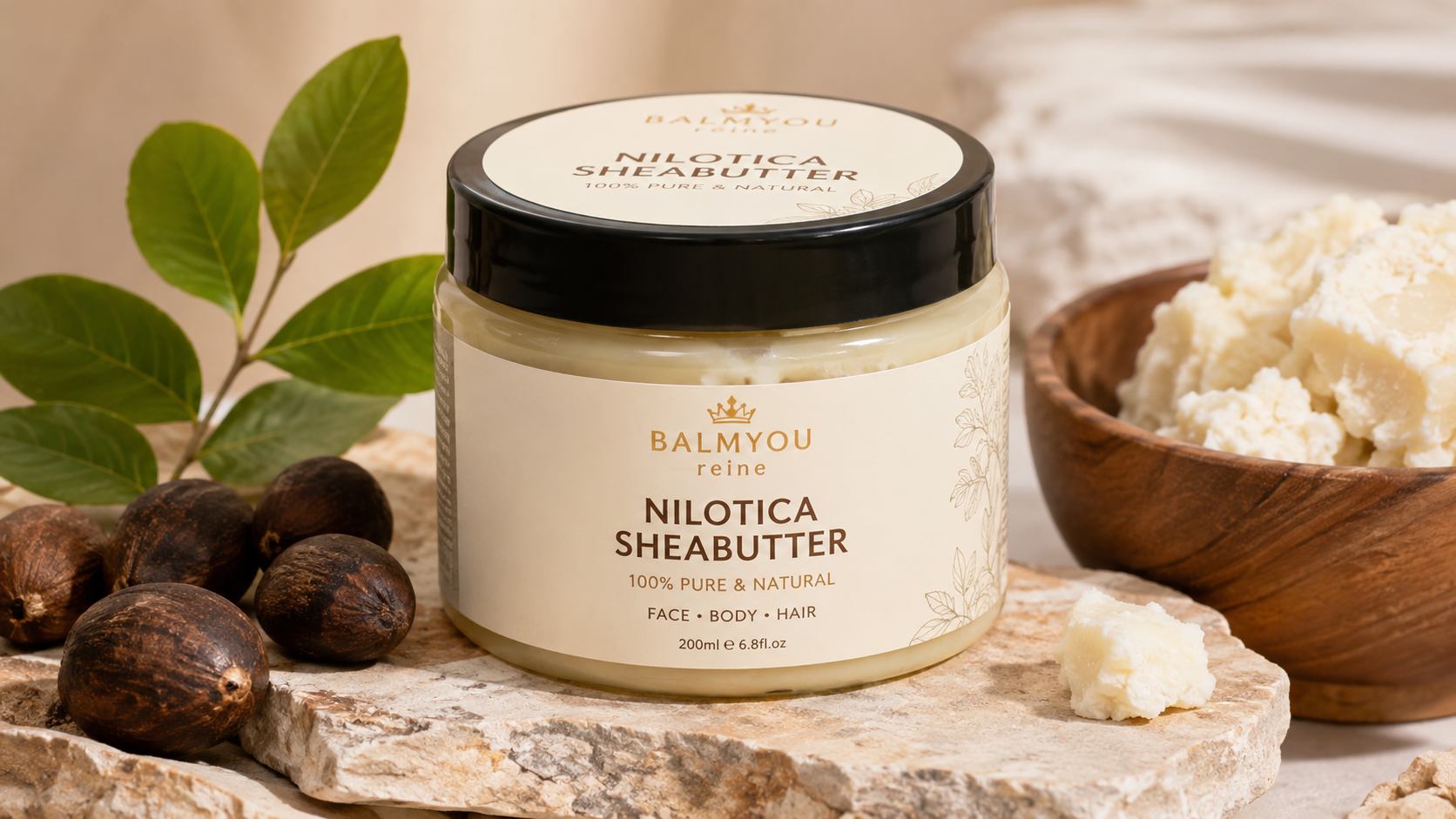 Balmyou Reine Nilotica shea butter jar with natural shea nuts and raw shea butter in a warm, spa-inspired skincare setting.