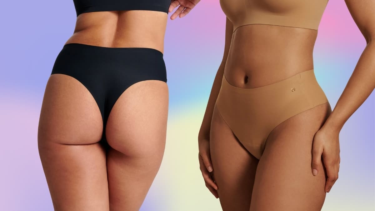Evelyn & Bobbie high-waisted seamless thong shown on two body types, front and back view