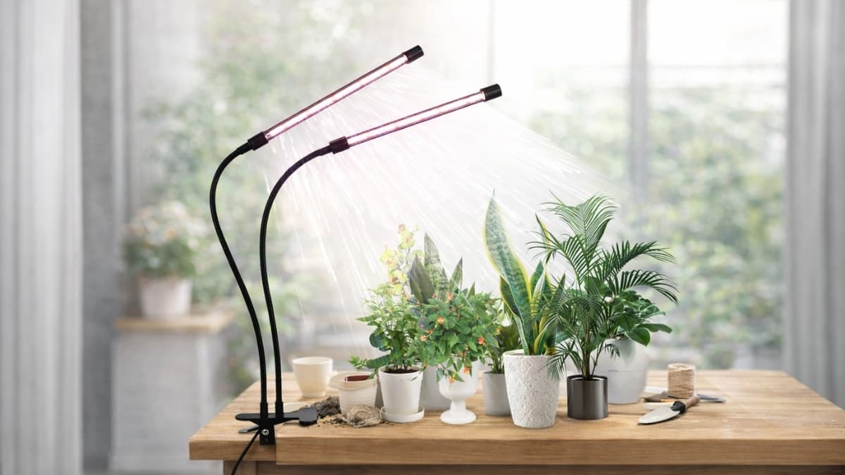 Dual-head GooingTop LED Growing Lamp illuminating indoor houseplants on wooden table
