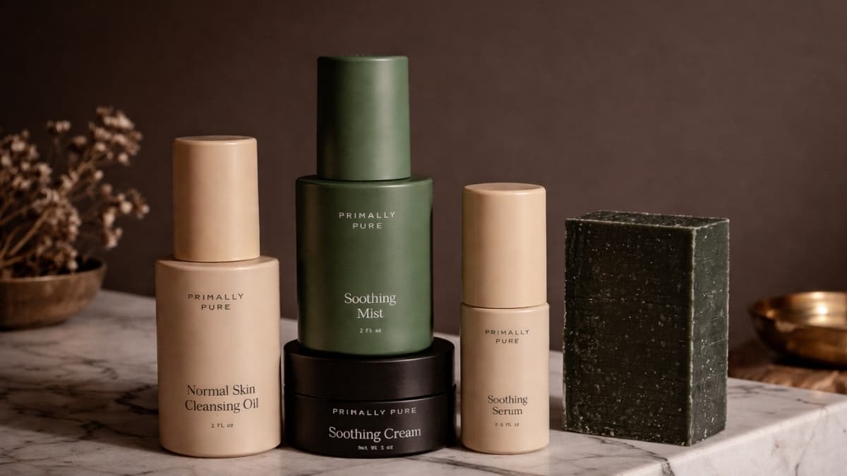 Primally Pure Soothing Mist, Soothing Serum, Soothing Cream and Cleansing Oil with facial bar for sensitive skin routine displayed on marble surface
