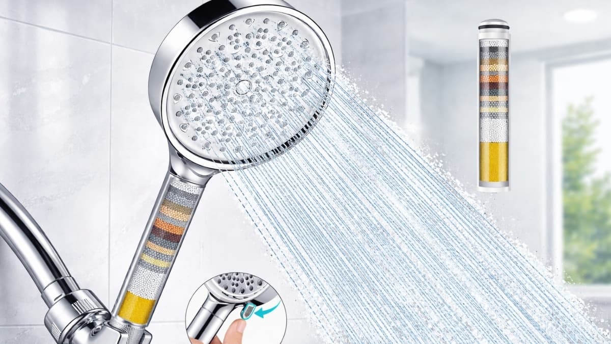 Cobbe Filtered Shower Head with multi-stage filtration cartridge and high-pressure handheld spray installed in modern bathroom shower.