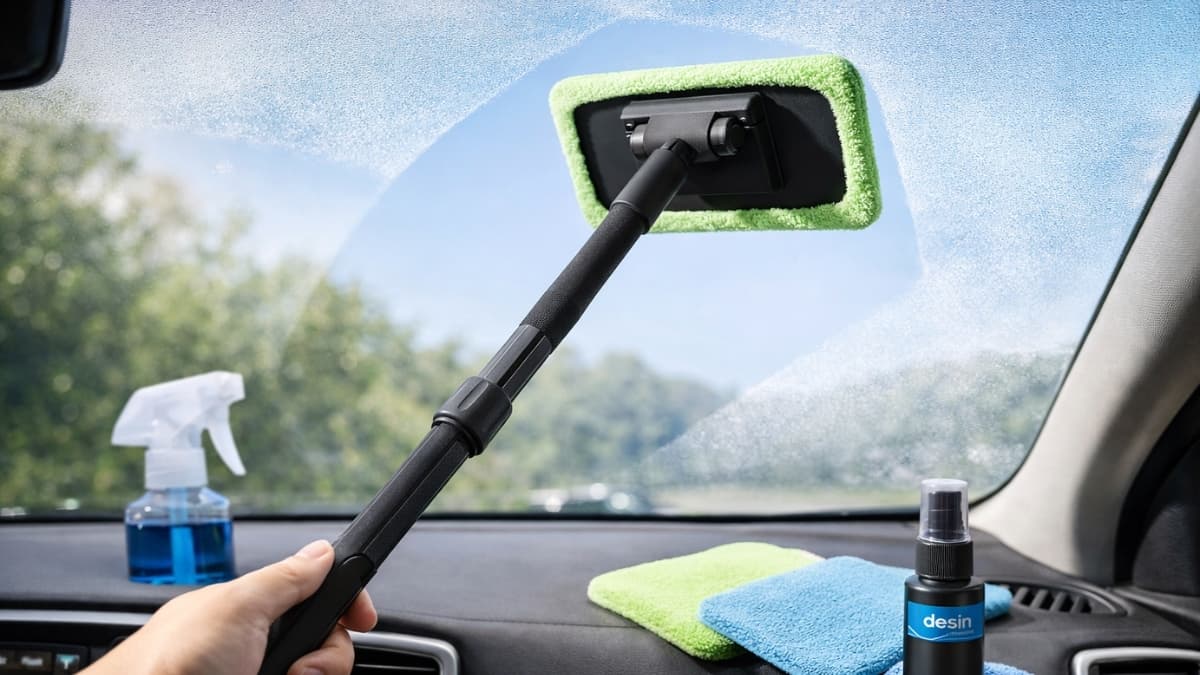 Desin windshield cleaning tool with extendable handle and microfiber pad cleaning car windshield interior for streak-free auto glass visibility
