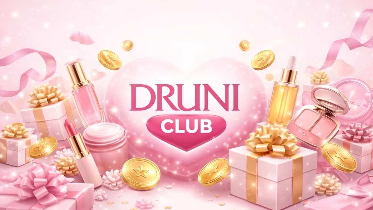 Druni Club Points and Gifts promotional banner with pink beauty products, gold coins, and reward gift boxes