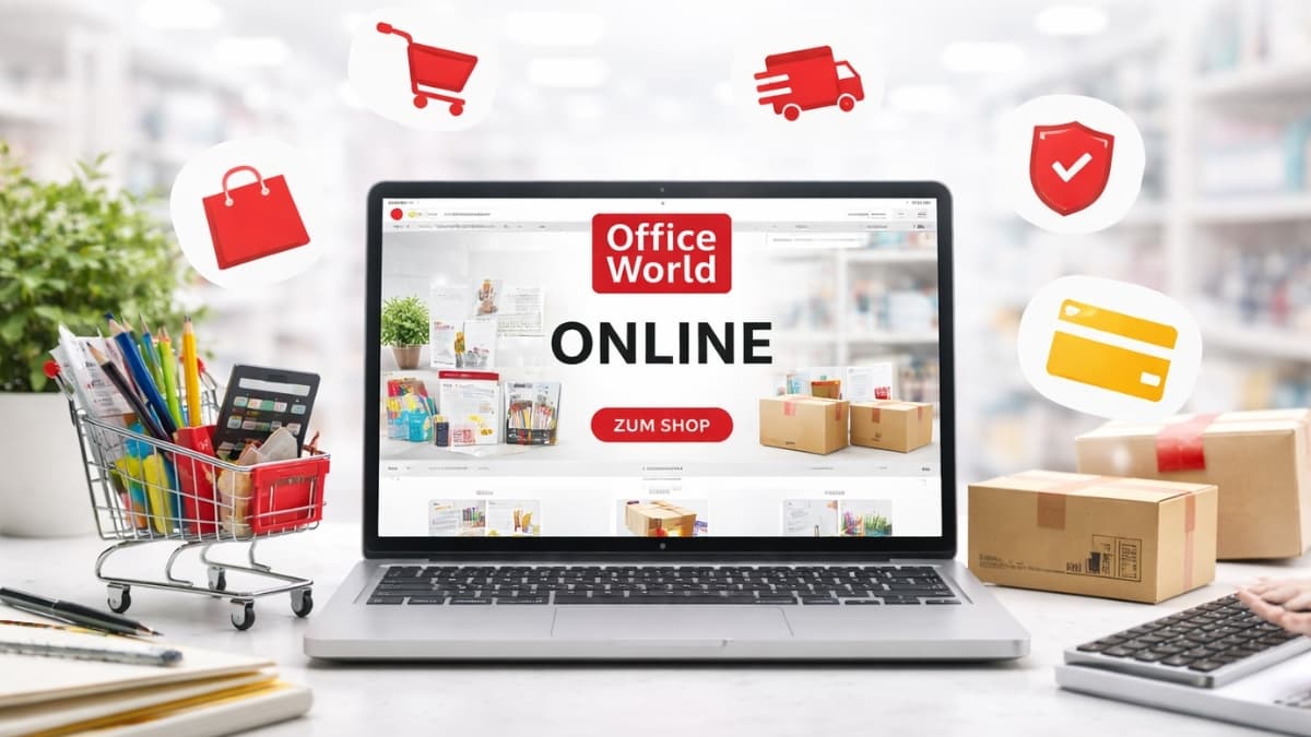 Office World Online website displayed on laptop with shopping cart, office supplies, delivery icons, and packaged boxes on desk