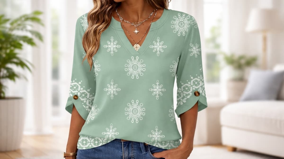 Kistore Womens 3/4 Casual V-Neck Shirt in sage green with white floral print and button-tab sleeves paired with blue jeans indoors