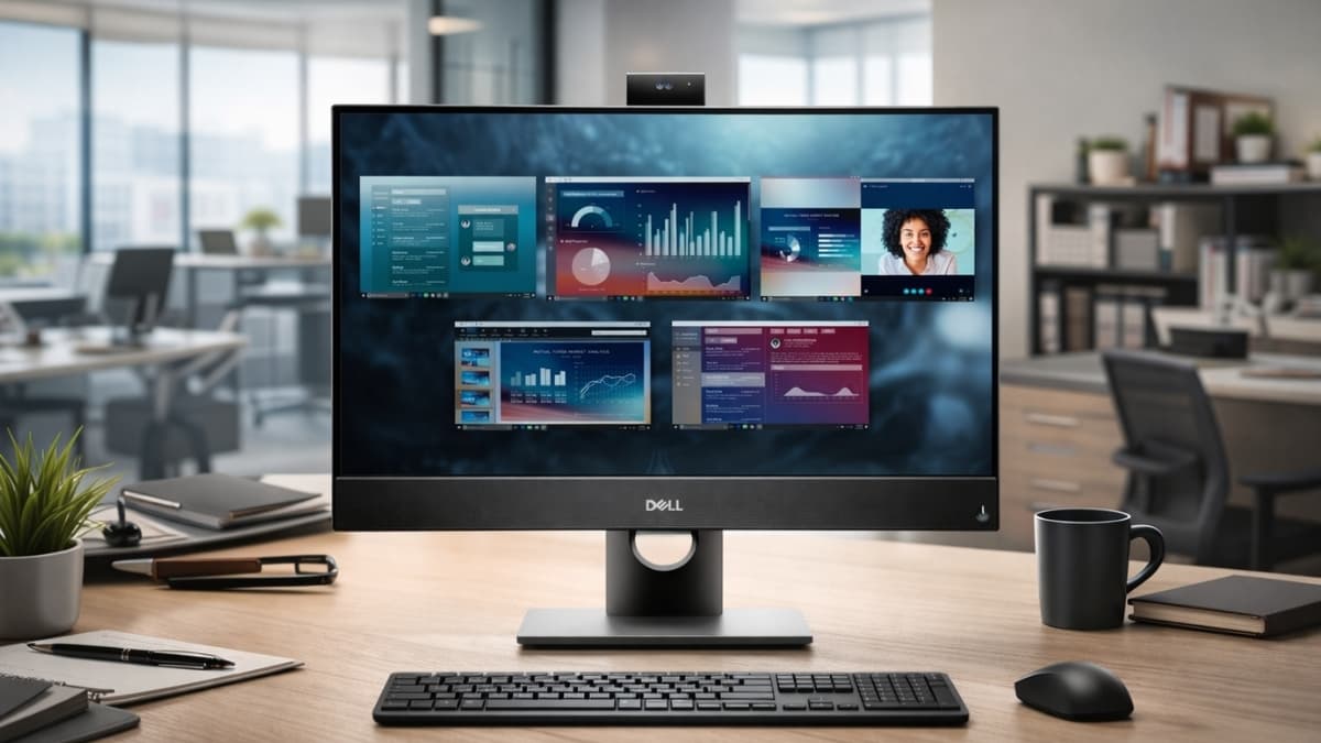 Dell OptiPlex 5490 All-in-One Desktop Computer on modern office desk with Full HD display showing business dashboards and video call interface