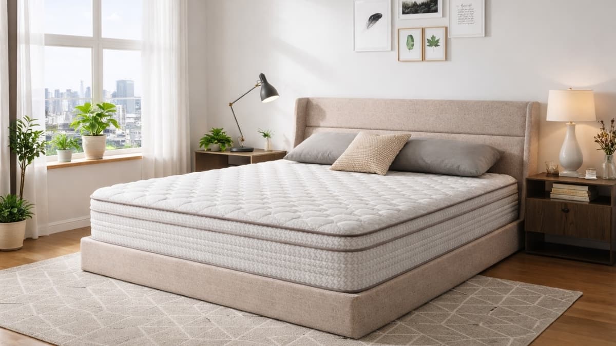 Novilla 12-Inch King Size Mattress on upholstered platform bed in bright modern bedroom with large windows and neutral decor