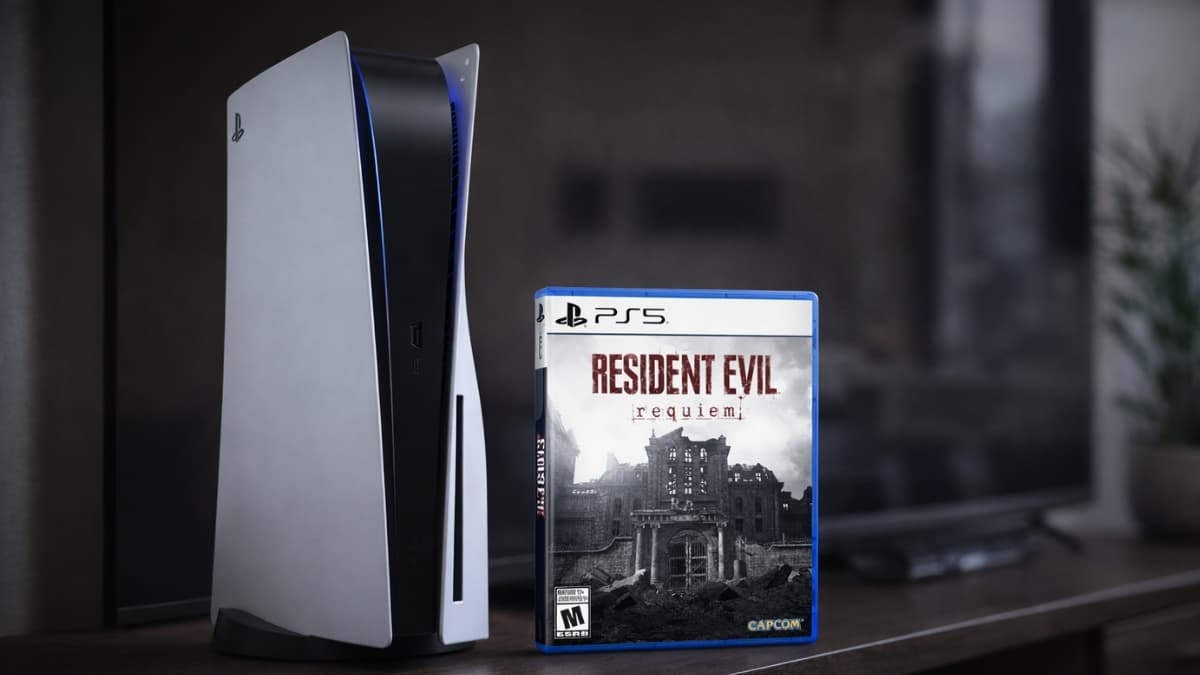 Resident Evil Requiem – Amazon Exclusive Edition PS5 physical game case displayed next to PlayStation 5 console on TV stand