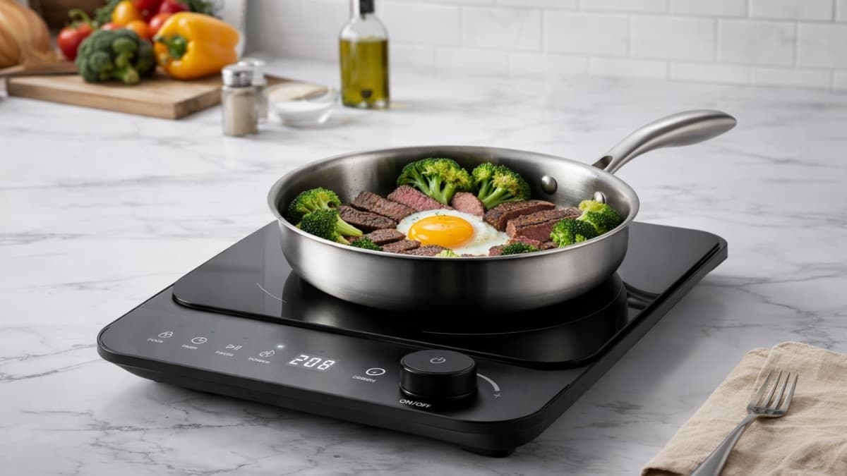 Elite Gourmet SlimStore™ Induction Cooktop with stainless steel pan cooking steak, egg, and broccoli on marble countertop