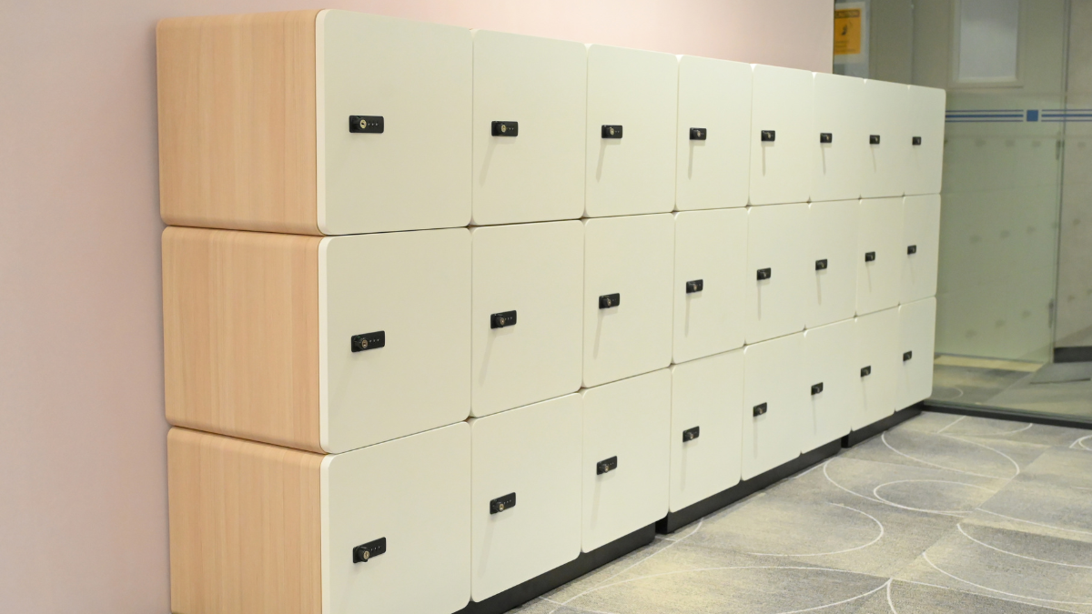 Modern office storage lockers with multiple secure compartments and key locks