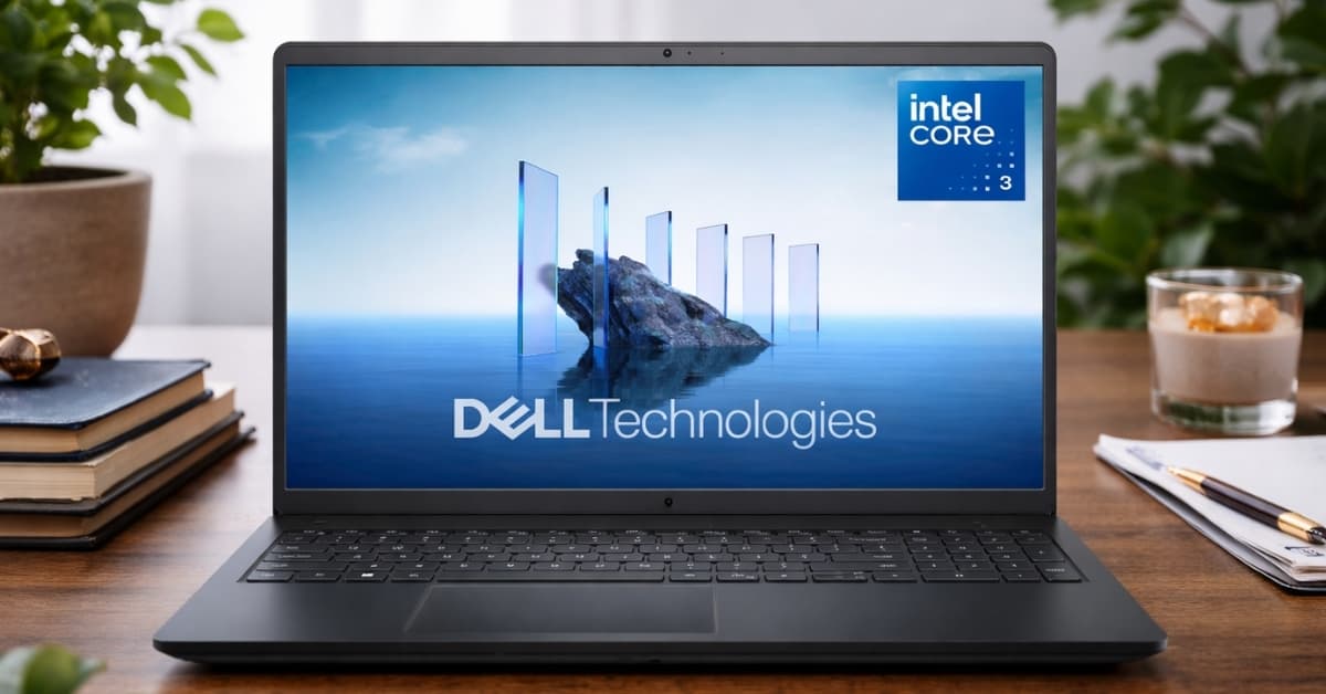 Dell 15 Laptop DC15250 with 15.6-inch display on desk, Intel Core processor visible