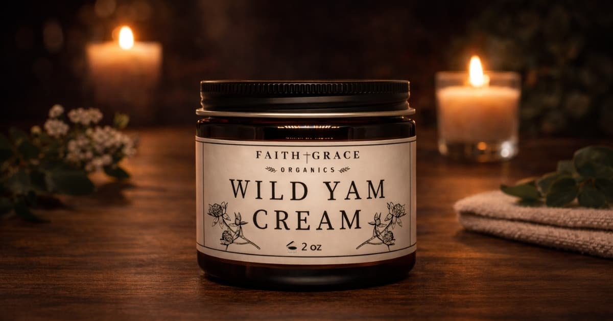 Faith and Grace Organics Wild Yam Cream jar on wooden table with candles