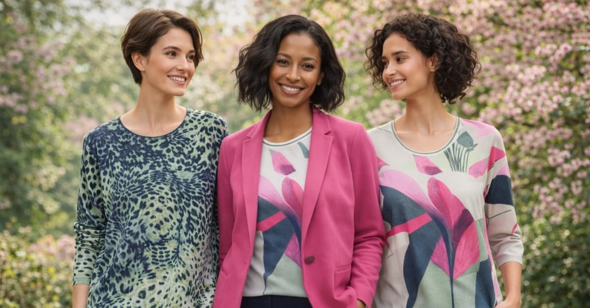 Three women wearing Olsen Spring Garden Collection floral tops in a blooming garden setting