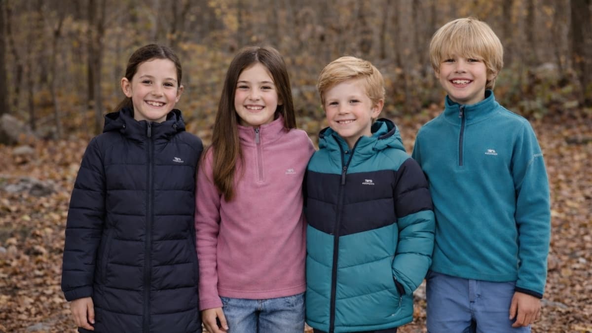 Four children wearing Trespass for Kids outdoor jackets and fleeces in autumn woods