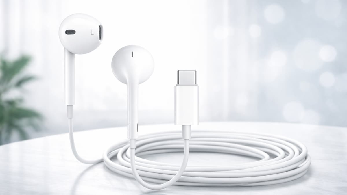Apple EarPods Headphones with USB-C Plug featuring wired earbuds and white cable on desk