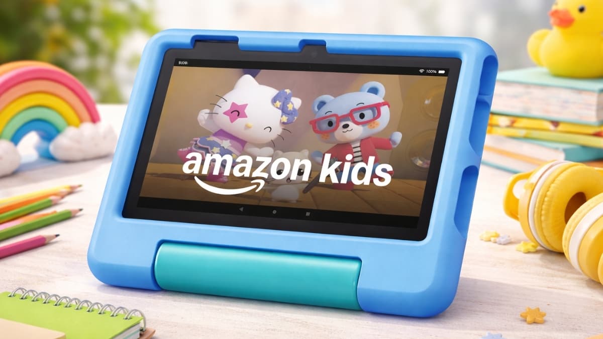 Amazon Fire 7 Kids Tablet with blue protective case displaying Amazon Kids content