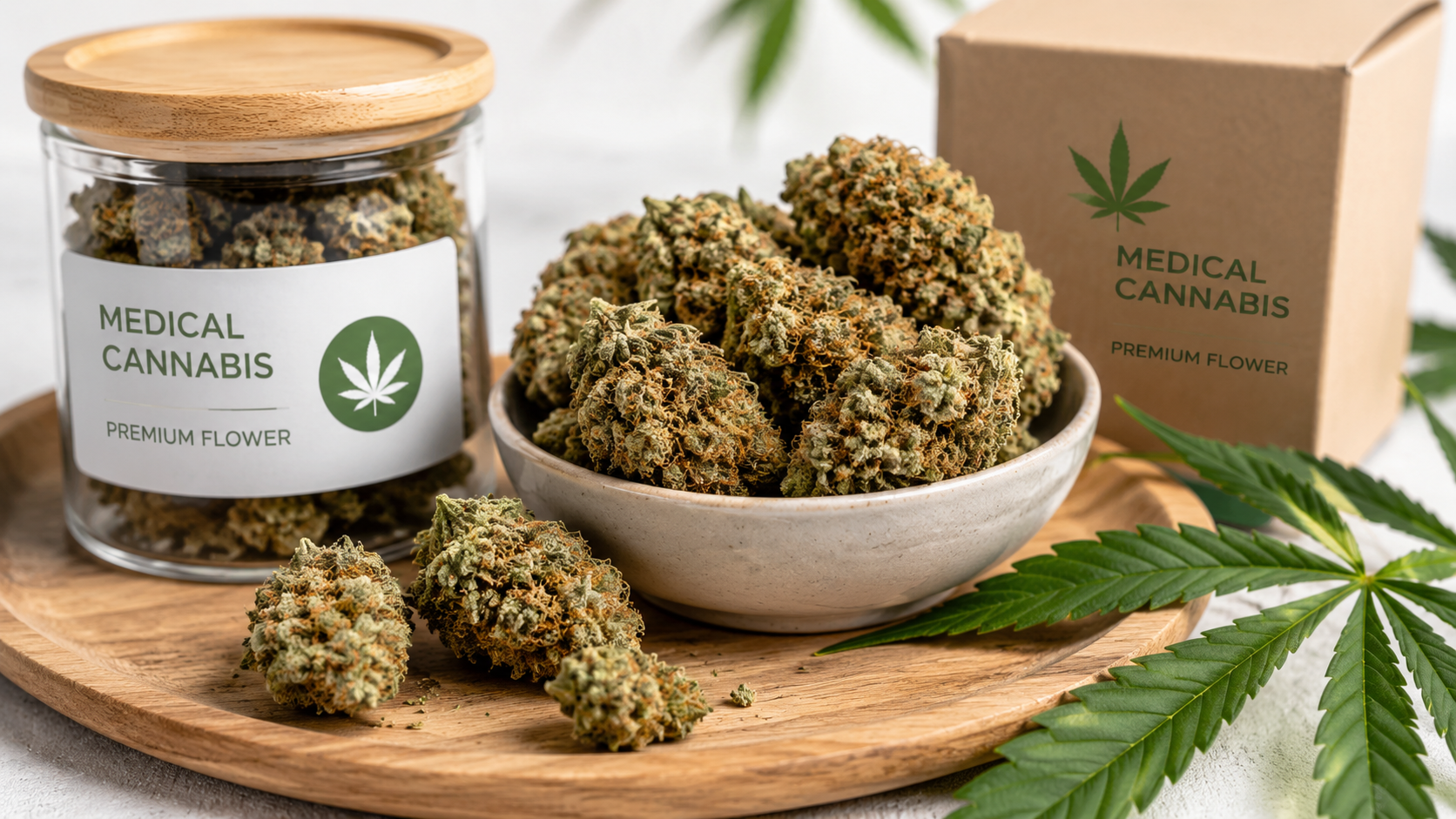 Medical cannabis flowers in glass jar with prescription bottle and digital tablet showing telemedicine consultation interface