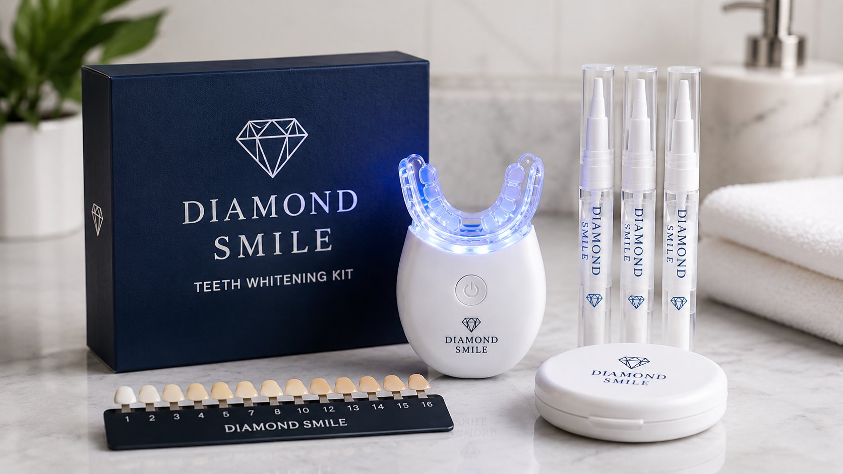 Diamond Smile LED Teeth Whitening Kit with blue light device and whitening gel displayed on white background