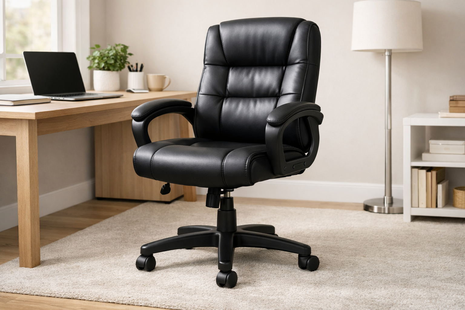 Black OFM Essentials Executive Office Chair E1007 with padded vinyl upholstery and armrests, positioned in a modern home office with wooden desk and soft natural lighting.