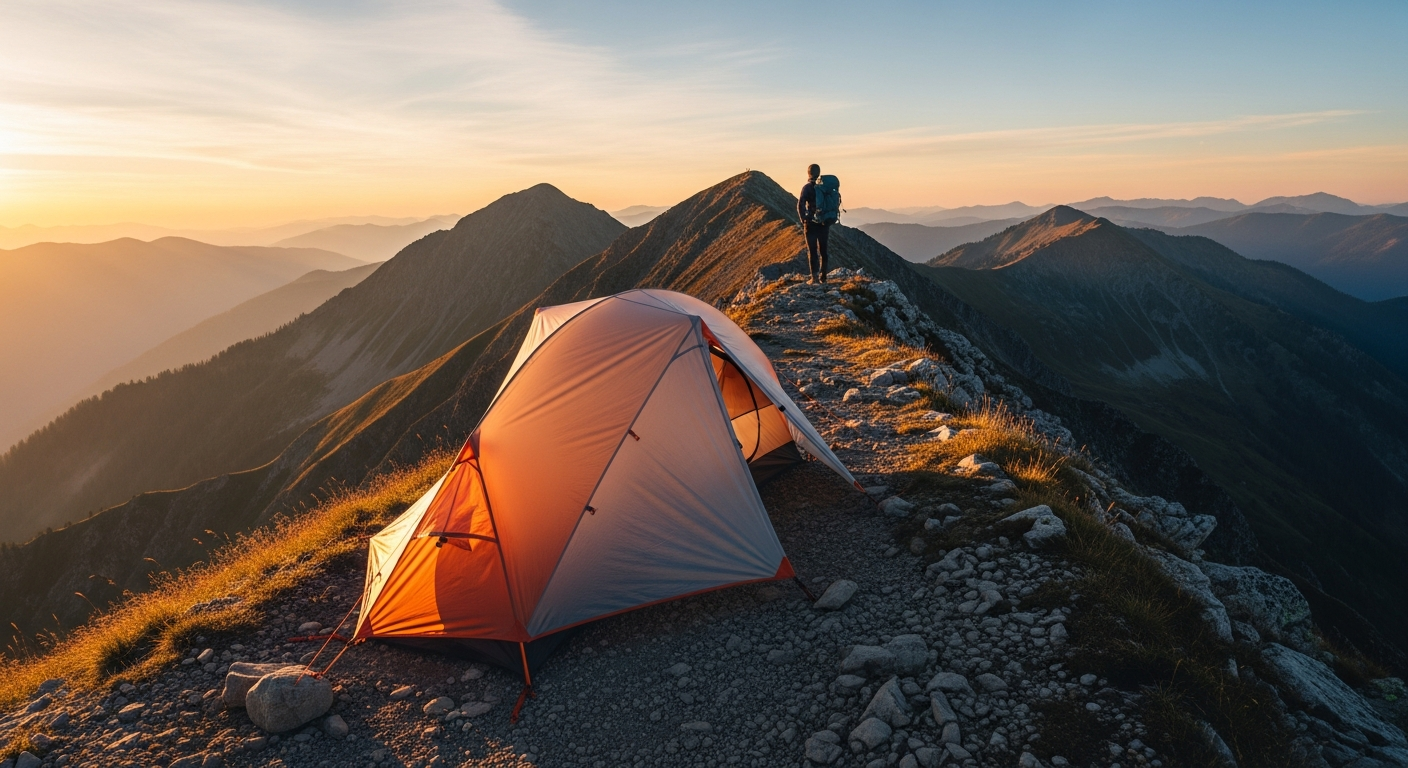 OEX Phoxx 2 lightweight tunnel tent set up in natural green landscape for backpacking