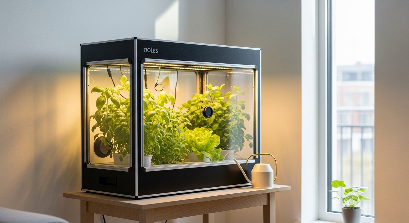 Compact LED grow box kit set up in a modern apartment living space with plants