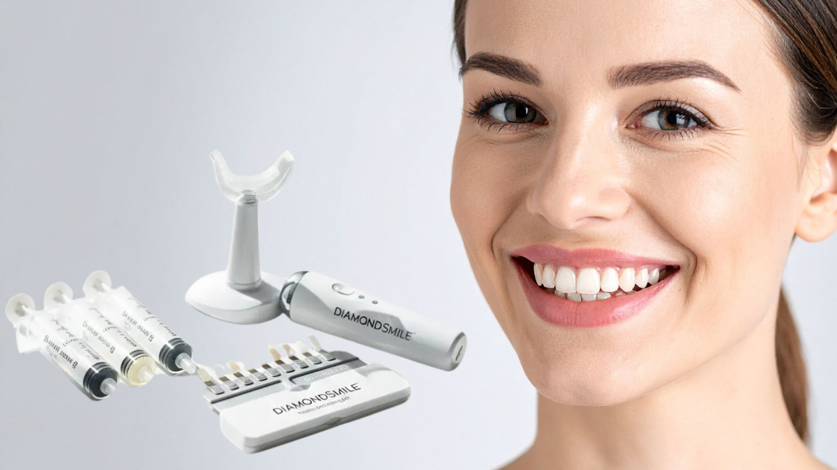 Woman smiling brightly showing whitened teeth after using DiamondSmile Premium Teeth Whitening Kit