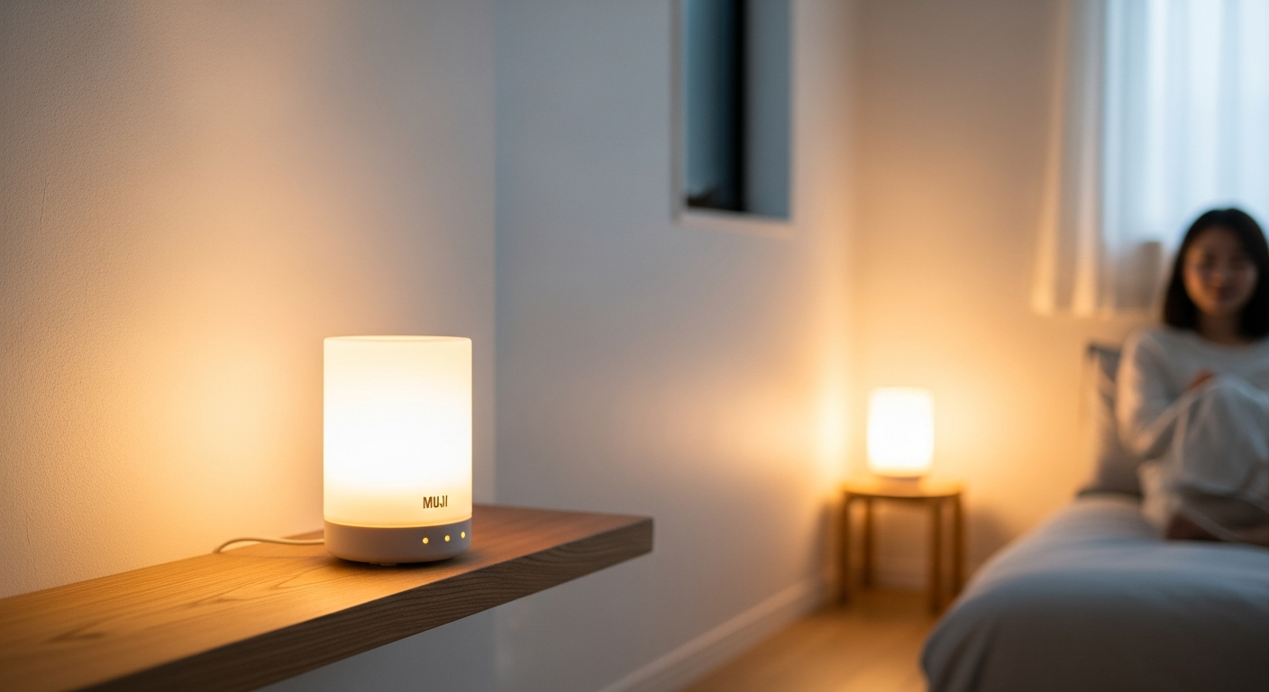 MUJI Aroma Diffuser with soft ambient light on a minimalist nightstand in a calm bedroom environment