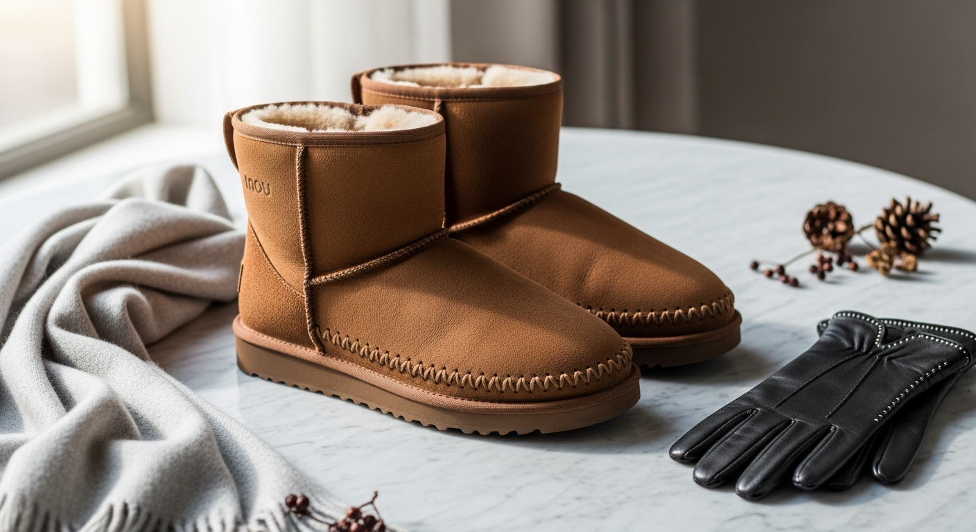 Luxury MOU winter boots with sheepskin lining displayed on snowy winter background