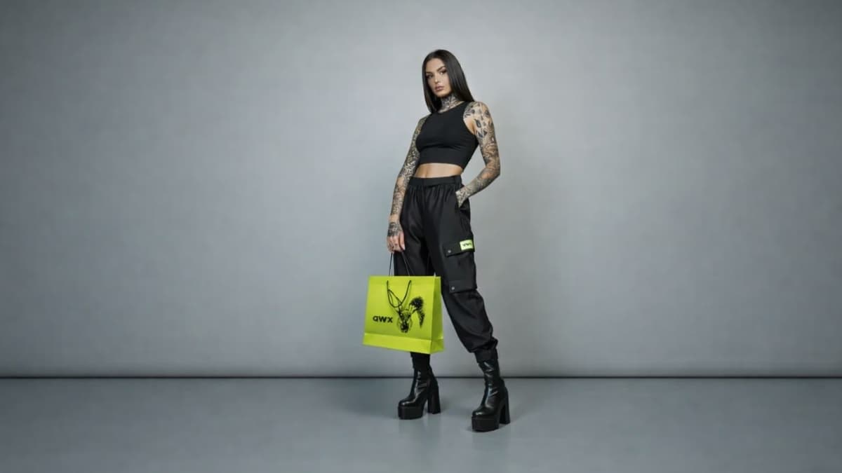 QWX2 Wholesale oversized streetwear outfit with black cargo pants and neon shopping bag