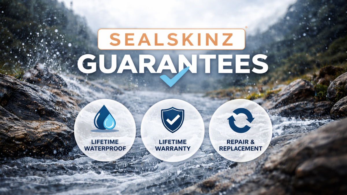 Sealskinz Guarantees banner over a mountain stream highlighting lifetime waterproof, warranty, and repair and replacement icons.