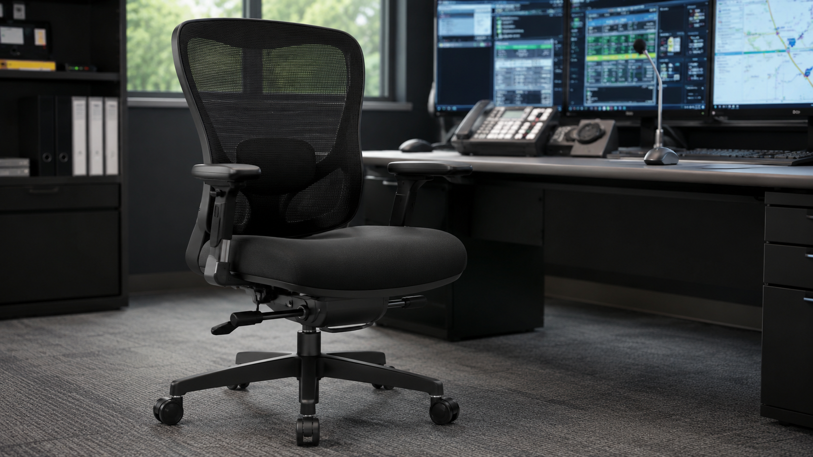 OFM 24/7 Heavy Duty Dispatch Chair in a professional control room with multiple monitors, ergonomic mesh back, padded seat, and adjustable armrests designed for round-the-clock use in dispatch, security, and call center environments.