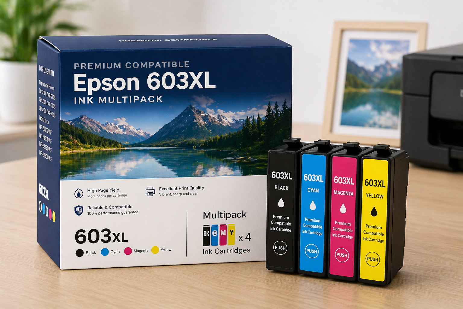 Premium Compatible Epson 603XL four-colour ink multipack cartridges displayed with product packaging