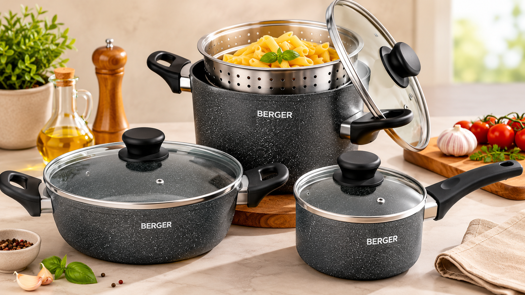 Discover the Berger Stone Rock Pasta Pot Set – durable, stylish, and perfect for effortless cooking. Elevate every meal with premium cookware.