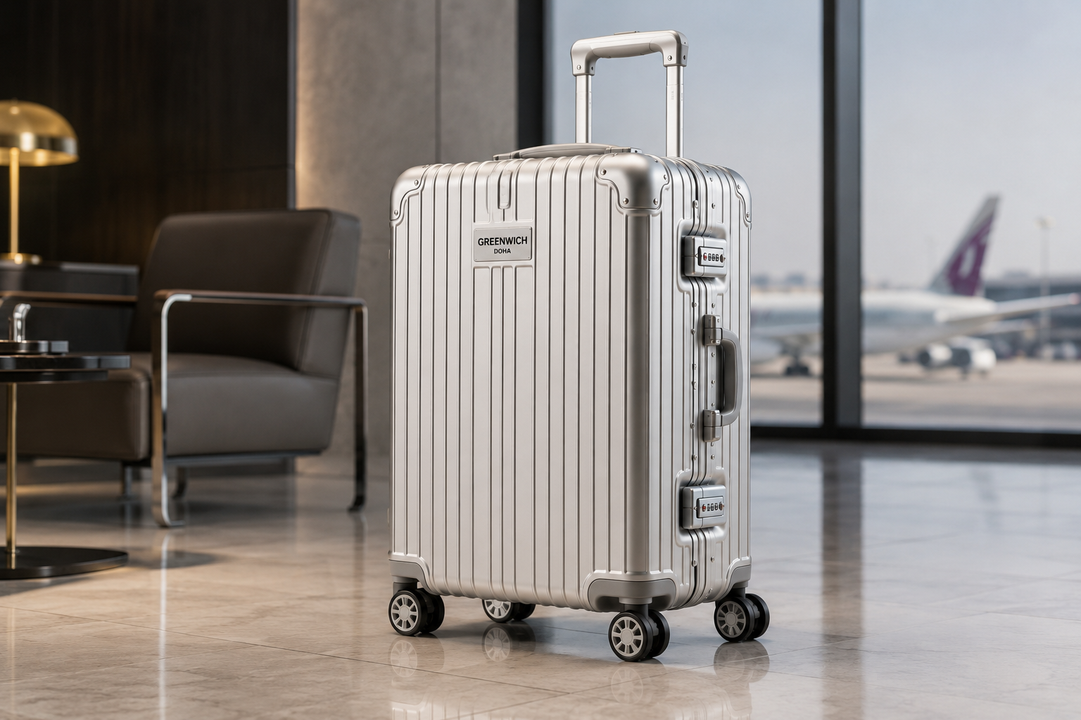 Greenwich DOHA aluminum frame cabin suitcase with zipper-less closure system displayed