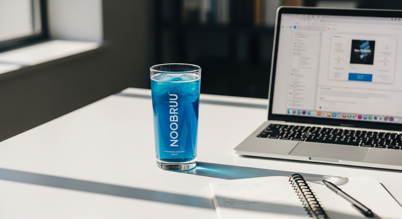 Noobru Advantage nootropic drink powder in strawberry lemonade flavor with cognitive enhancement ingredients displayed