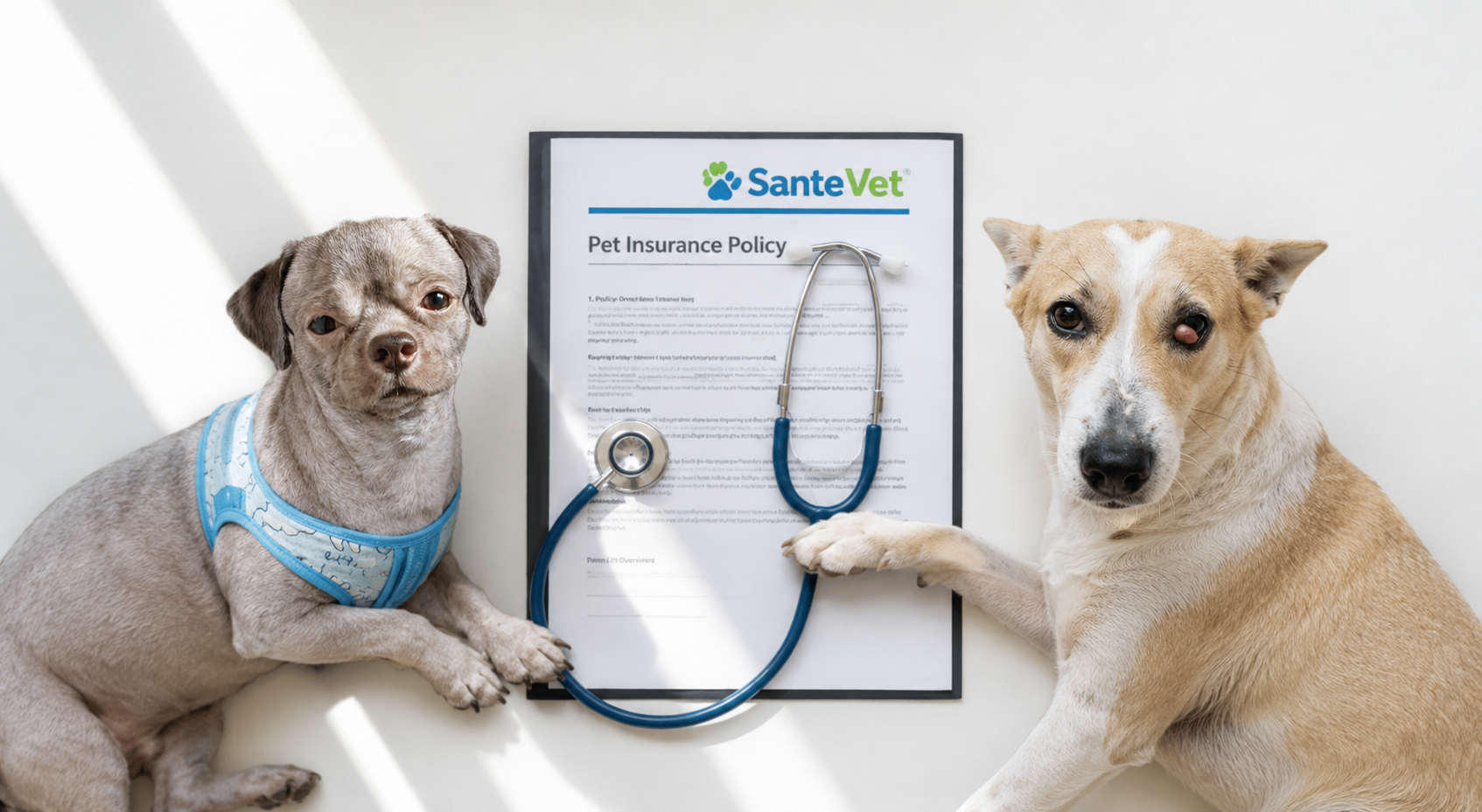 Pet insurance for dogs featuring a tan-and-white mixed-breed dog and a small puppy, emphasizing veterinary care, pet health coverage, and protection plans.