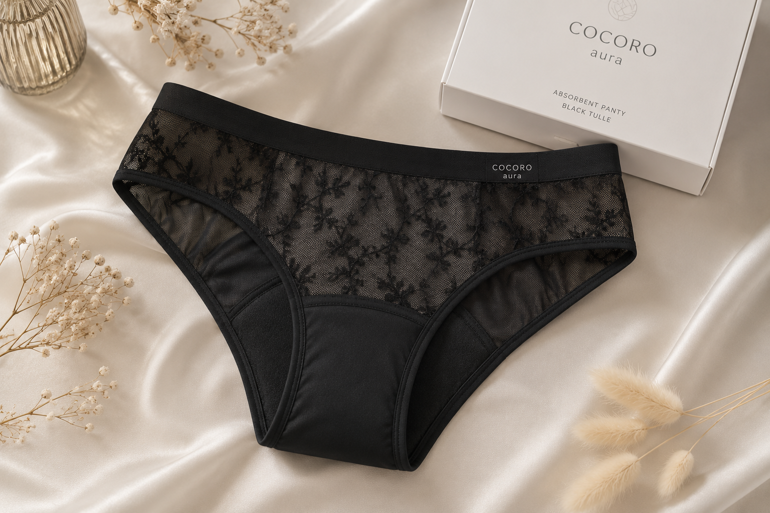 Black tulle absorbent panty with organic cotton construction for menstrual and incontinence protection
